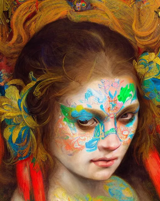 Prompt: a beautiful girl wearing colourful face paint surrounded by colourful intricate patterns, by edgar maxence and caravaggio and michael whelan, intricate painting, hyper realistic, extremely detailed and beautiful aesthetic face, 8 k resolution