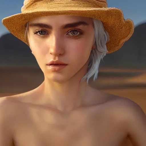 Image similar to a blind girl with white hair wearing a straw hat in the desert, digital art, 8 k resolution, unreal engine, highly detailed, pretty face, very beautiful face, feminine face, very detailed eyes, photorealistic by wlop, greg rutkowski