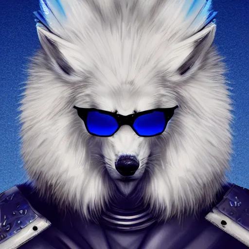 Prompt: White Wolf with blue mohawk hairstyle wearing aviator sunglasses, synthwave style, artstation, award winning