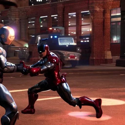 Image similar to batman and iron man fighting in chicago, ultra realistic, photorealistic, ultra details, cinematic