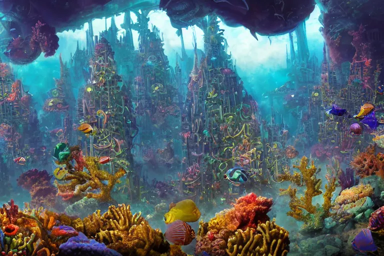 an epic view of a coral reef underwater metropolis, | Stable Diffusion