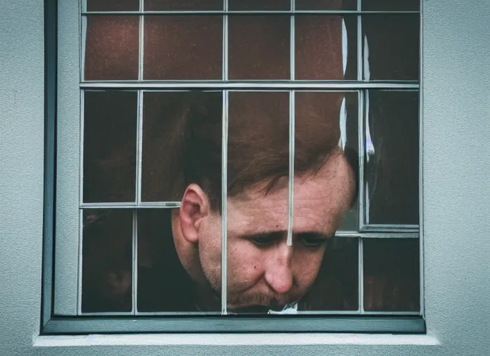 Prompt: a camera obscura closeup photo a man licking his window