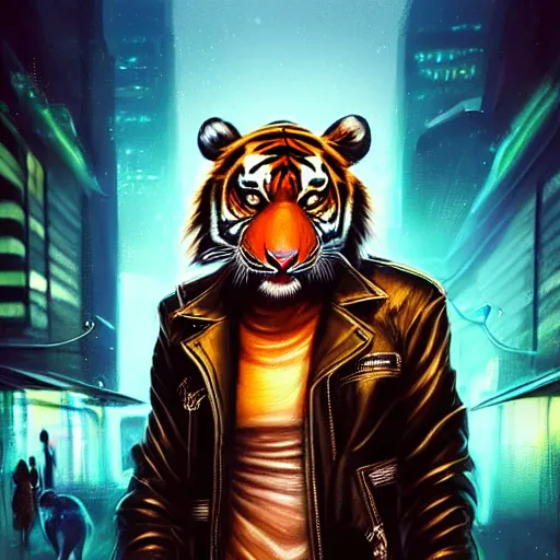 Image similar to a beautfiul award winning commission portrait of an anthro tiger in the neon cyberpunk city at night,wearing a leather jacket,glow effect,detailed face,photorealistic,character design by charles bowater,ross tran,deviantart,artstation,digital art,hyperdetailed,realistic,western comic style,vfx,dramatic,2021