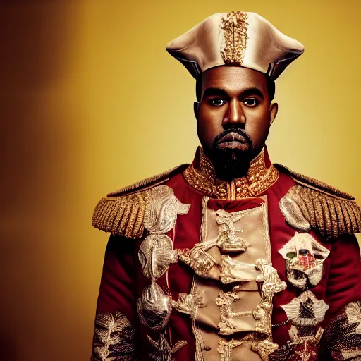 Prompt: Portrait of Kanye West as emperor napoleon, splash art, cinematic lighting, dramatic, octane render, long lens, shallow depth of field, bokeh, anamorphic lens flare, 8k, hyper detailed, 35mm film grain