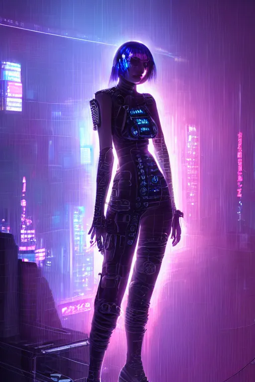 Image similar to portrait futuristic nefarious cyberpunk young female Necromancer, in futuristic rainny thunder flashing tokyo rooftop cyberpunk night, ssci-fi, fantasy, intricate, very very beautiful, elegant, neon light, highly detailed, digital painting, artstation, concept art, soft light, hdri, smooth, sharp focus, illustration, art by tian zi and craig mullins and WLOP and alphonse mucha