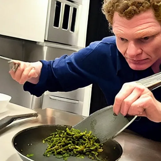 Prompt: bobby flay cooking drugs while blazing