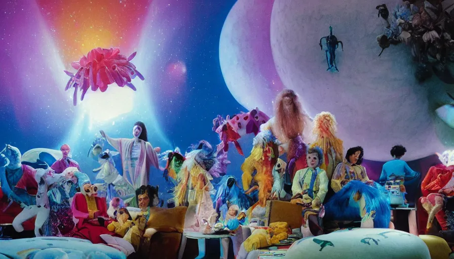 Prompt: movie still by alejandro jodorowsky of a beautiful day in a family living room in suburban usa, visible magic energy, dream creature costumes, floating planets, talking animals, glowing parade float, cinestill 8 0 0 t eastmancolor technicolor, high quality, very detailed, heavy grain, fine facial features, 8 k, octane render