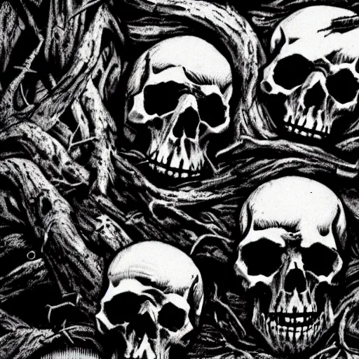 Image similar to Skulls lying under a dead tree. Close Up Shot, Dark Fantasy, Film Noir, Black and White. High Contrast, Mike Mignola, D&D, OSR