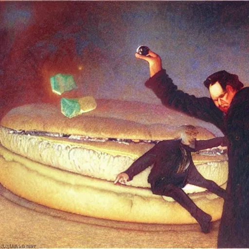 Image similar to orson welles hunting a giant hamburger, melancholy, mysterious, dark, concept art, sharp focus, illustration, by delphin enjolras, by carlos schwabe, by gustave dore