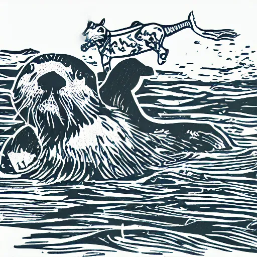 Prompt: a sea otter rancher riding on horseback, linocut print