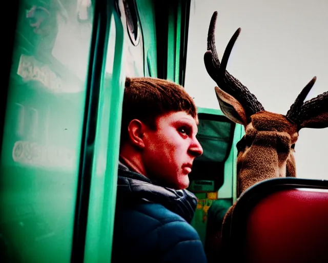 Image similar to a lomography photo of rumble between two human with deer head in soviet train this morning, bokeh,