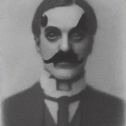 Image similar to headshot edwardian photograph of waluigi, 1 9 2 0 s, sinister, evil, realistic face, 1 9 1 0 s, grainy, victorian, soft blur