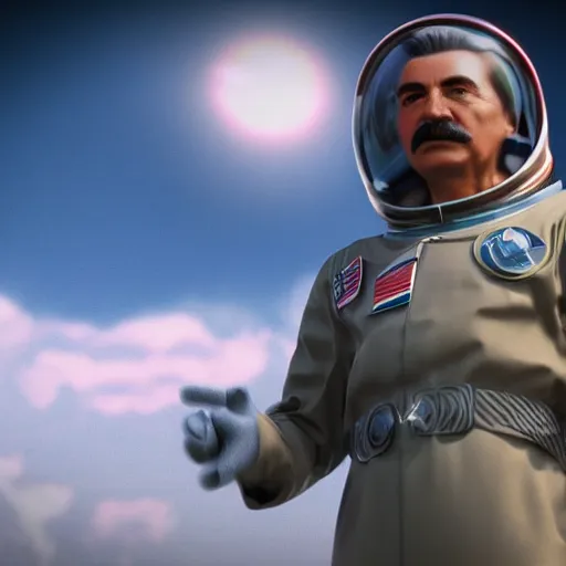 Image similar to Cinematic shot of Joseph Stalin astronaut, hd 4k, AAA game, octane render