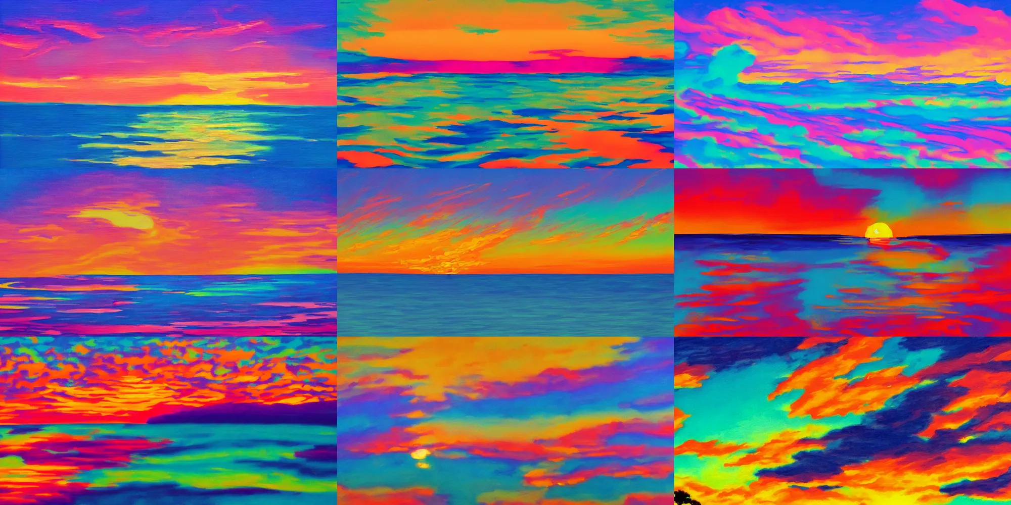 Prompt: guache painting of a vibrant color sunset, vaporwave aesthetic, subtle
