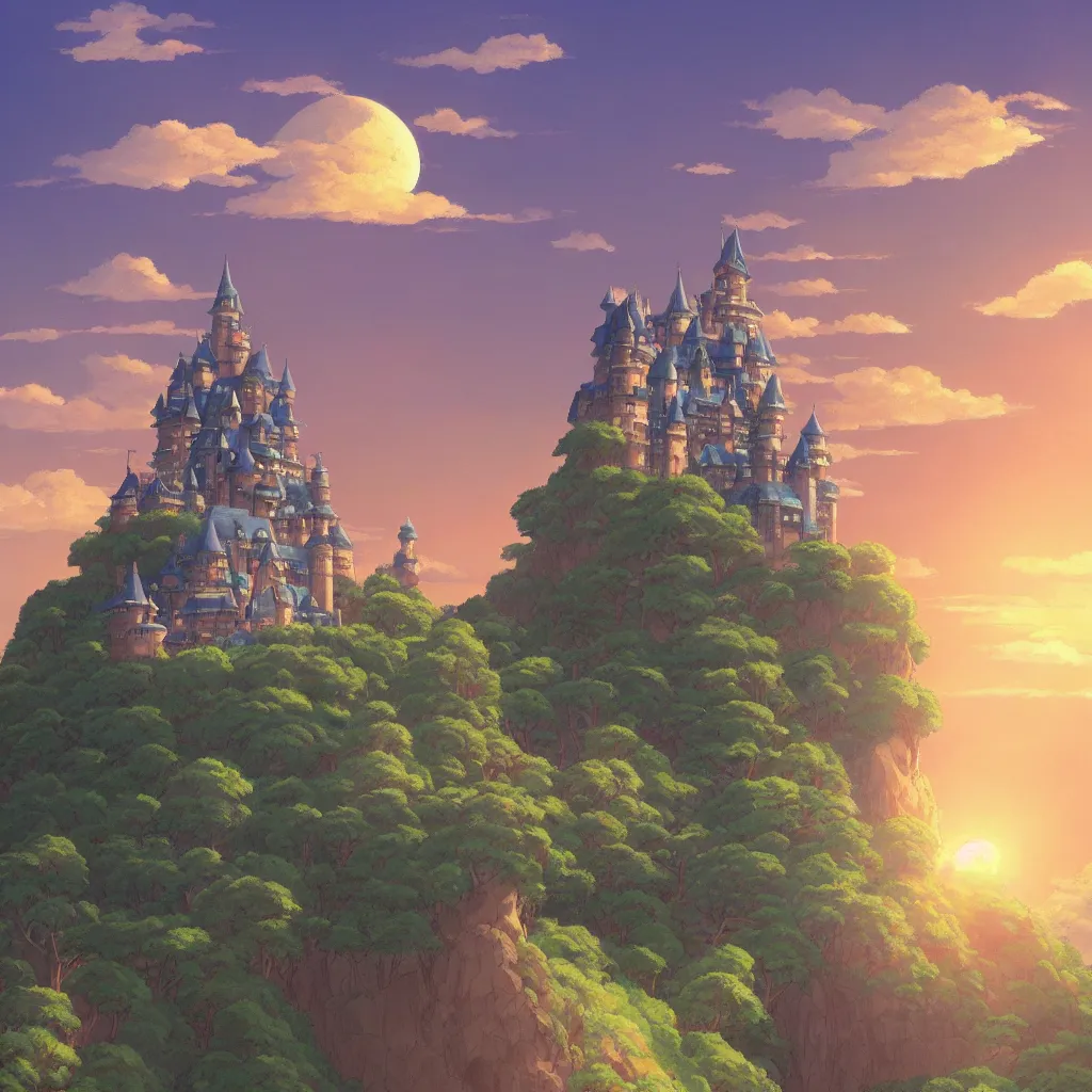 Image similar to “Studio Ghibli’s ‘Castle in the Sky’ during sunset, by Makoto Shinkai, trending on Artstation, 8k, 4k, high-res, digital art”