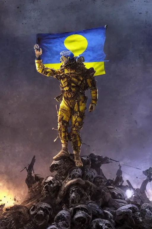 Prompt: A distant view front shot of the last human soldier with a Ukrainian flag behind him while he is standing on a huge pile of skulls after the battle, head is up, flag in hands, dark atmosphere, bright rays of light from the sky, beams of light, intricate, volumetric lighting, neon blue and yellow lights, highly detailed, smooth, artstation, concept art, сinematic lighting, insanely detailed, smooth, sharp focus, Artstation, 8k, unreal engine, hyper-realistic, bright background, moonlight, volumetric lighting, wallpaper, digital illustration by Ruan Jia and Mandy Jurgens and Artgerm and Wayne Barlowe and Greg Rutkowski and Frank Frazetta