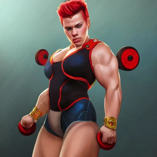 Prompt: scarlett johansson as thick muscular weightlifter zarya from overwatch, highly detailed, digital painting, artstation, sharp focus, illustration, art by tan zi and ayanamikodon, artgerm and alphonse mucha and wlop