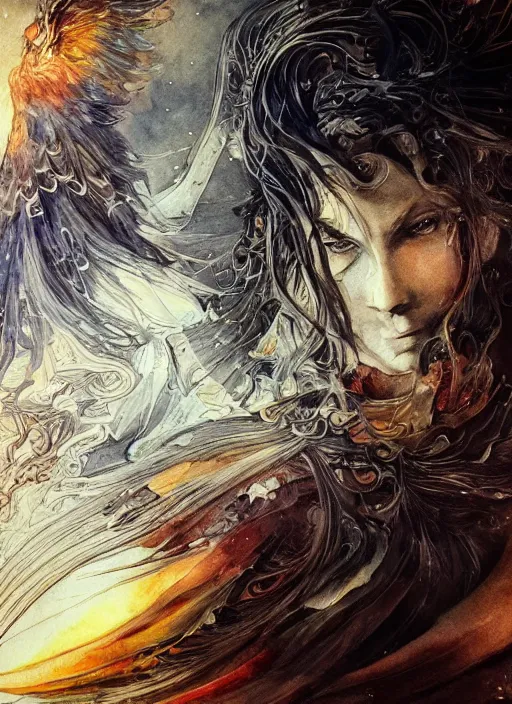 Image similar to portrait, A phoenix at the center of the universe, watercolor, dramatic lighting, cinematic, establishing shot, extremely high detail, foto realistic, cinematic lighting, pen and ink, intricate line drawings, by Yoshitaka Amano, Ruan Jia, Kentaro Miura, Artgerm, post processed, concept art, artstation, matte painting, style by eddie mendoza, raphael lacoste, alex ross