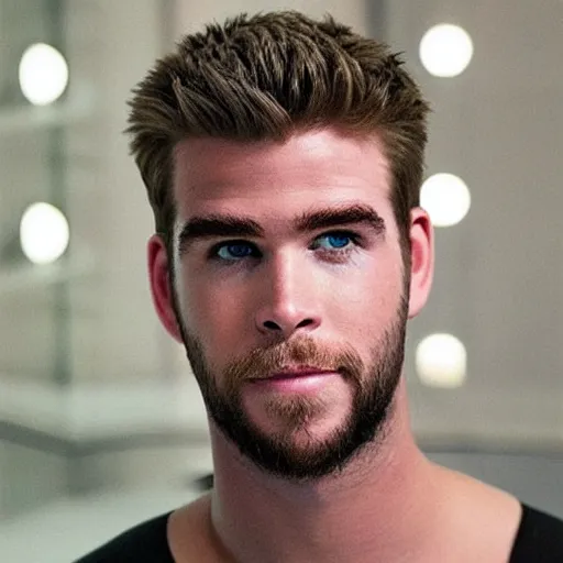 Image similar to “a realistic detailed photo of a guy who is an attractive humanoid who is half robot and half humanoid, who is a male android, actor Liam Hemsworth, shiny skin, posing like a statue, blank stare, at the museum, on display”