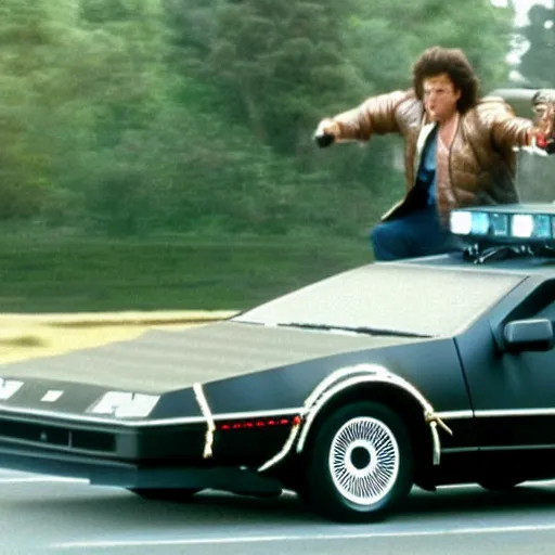 Image similar to knightrider chasing the back to the future delorean, cinematic