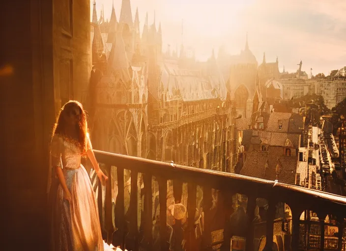 Image similar to a beautiful queen stands on a balcony overlooking a fantasy medieval gothic city, beautiful dramatic golden light and glow rays, 3 5 mm photography