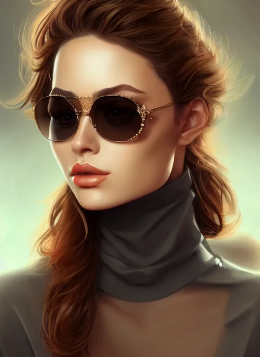 Prompt: portrait of female, wearing sunglasses, sexy, intricate, elegant, highly detailed, digital painting, artstation, concept art, smooth, sharp focus, illustration