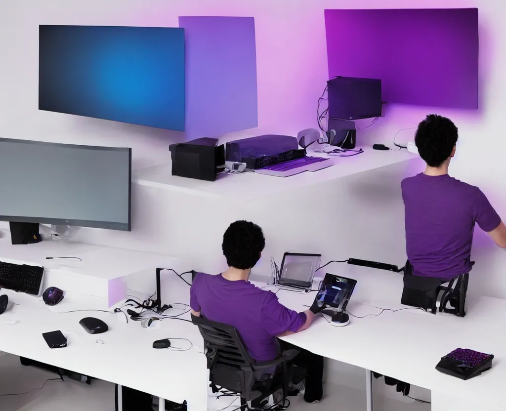 Image similar to a guy sitting on a blue ikea chair in front of a wall mounted monitor and a purple rgb keyboard and mouse on a white desk mounted to a white wall, the monitor also has purple backlighting and left to the guy is a purple RGB lighten gaming pc sitting on a white next table. From an view from behind the guy.