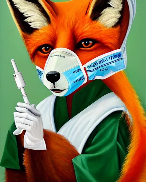 Image similar to oil painting portrait of anthropomorphic female fox animal dressed in labcoat, surgical mask covering mouth, with syringe, fox animal, hospital in background, oil painting,