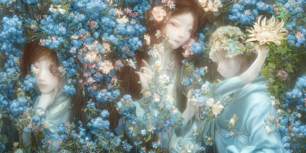 Prompt: breathtaking detailed concept art painting of in love goddesses of light blue flowers, orthodox saint, with anxious, piercing eyes, ornate background, amalgamation of leaves and flowers, by Hsiao-Ron Cheng, James jean, Miho Hirano, Hayao Miyazaki, extremely moody lighting, 8K