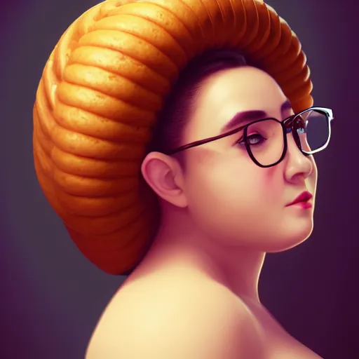 Prompt: portrait of a heavy stocky stocky petite gorgeous beautiful beautiful woman, with a bundt bundt cake cake pan chubby face, (((greek))) romanian, glasses glasses, wide shot, digital art, top, detailed , 8k, trending on artstation