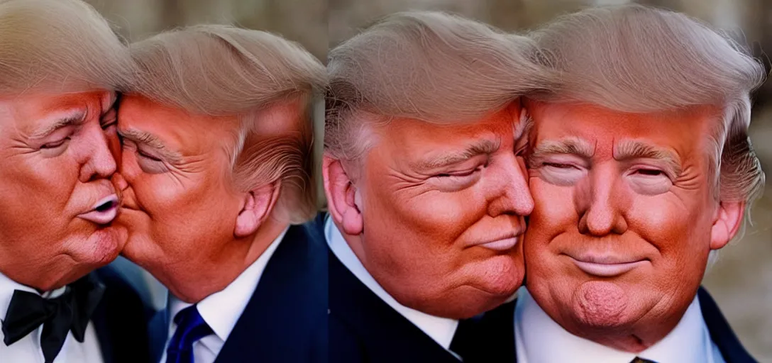 Prompt: beautiful high quality romantic portrait photo of donald trump kissing donald trump. hq. hdr. golden hour. donald trump and donald trump kissing on the lips. two donald trumps kissing each other. donald trump passionately kissing donald trump. clear professional photo. donald trump and donald trump kissing. high resolution.