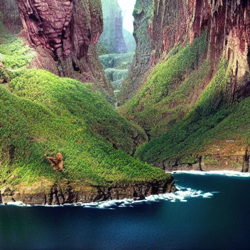 Image similar to film still of a lush natural scene on an alien planet by james cameron. beautiful landscape. weird vegetation. cliffs and water.