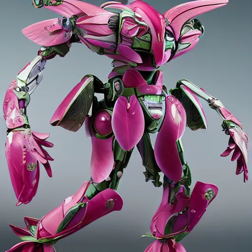 Prompt: futuristic nymphaea themed mecha waterlily upper body, large sepal forming helmet, highly detailed, nymphaea, 8 k hd resolution, barbatos gundam with floral inlay, bandai box art, tristan eaton, makoto kobayashi, frank gehry, raymond swanland