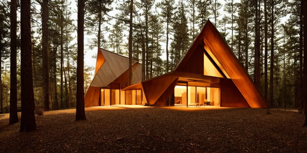 Image similar to minimal modernist a - frame house in the woods, beautiful lighting, volumetric, cinematic lighting, corona, detailed, symmetrical, minimal, clean