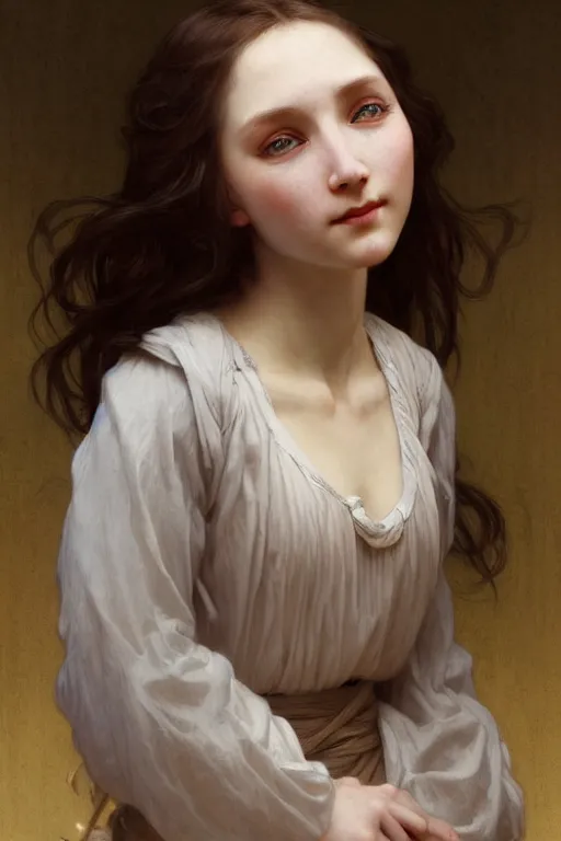 Image similar to Portrait of beautiful pale peasant girl, cinematic lighting, intricate, elegant, highly detailed, digital painting, artstation, smooth, sharp focus, illustration, art by artgerm and greg rutkowski and alphonse mucha and Wayne Barlowe and william-adolphe bouguereau