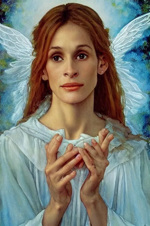 Prompt: angelic painting of young Julia Roberts, Norman Rockwell, oil painting, ethereal, cottage core, faerie, beautiful, loish,