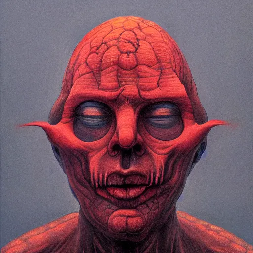 Image similar to lord loss, king of hell, book portrait, pale red, lumpy skin, he has an open hole in his chest filled with deadly venomous snakes. he has very dark - red eyes with even darker red pupils. symmetric lights and fog, in the style of zdzislaw beksinski, glowing light and shadow, hyperrealist, 8 k