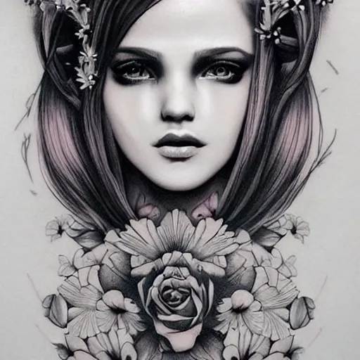 Image similar to tattoo design, stencil, portrait of a princess by artgerm, symmetrical face, beautiful, daisy flower