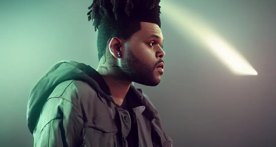 Image similar to The Weeknd As A Zombie, volumetric lighting, hyperrealistic, photorealistic, beautiful details, HDR, octane render, action shot, wide angle, bokeh