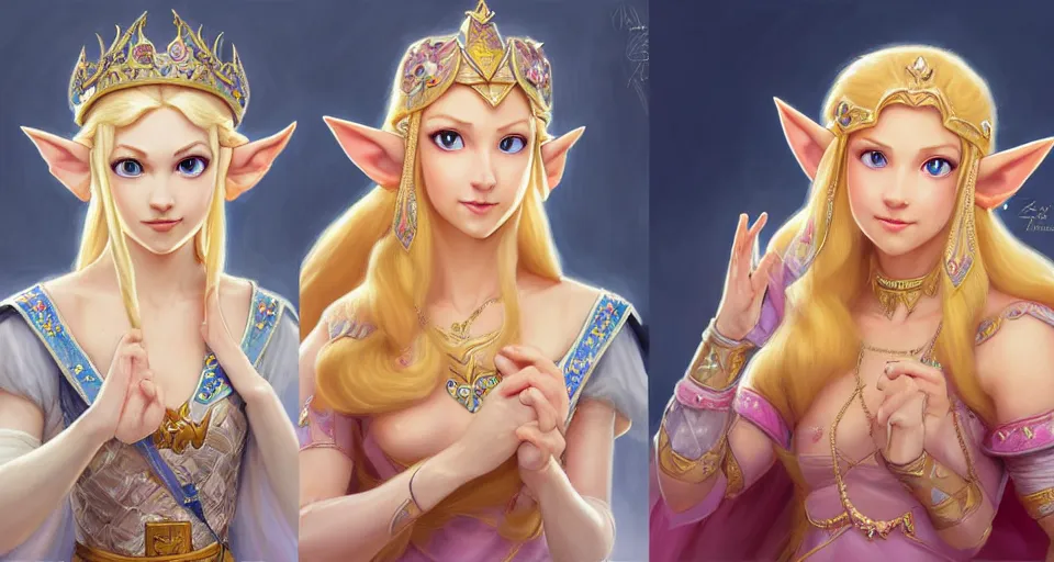 Prompt: portrait of princess zelda from hyrule and princess peach from the mushroom kingdom, nose ring, upper body, blonde hair, long hair, joyful smirk, intricate, elegant, highly detailed, digital painting, artstation, concept art, matte, sharp focus, illustration, art by artgerm and greg rutkowski and alphonse mucha