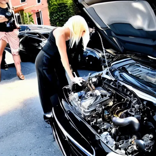 Image similar to lady gaga fixing a car engine