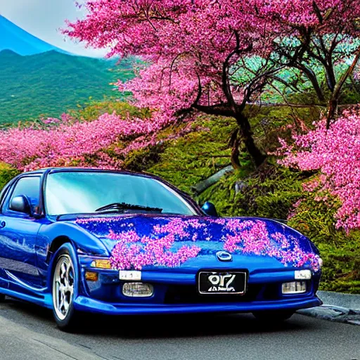 Image similar to a jdm mazda rx 7 2 0 8 9 futuristic version, cyber punk look hovering by mount fuji early in the morning with a few blossom trees around, high quality photo