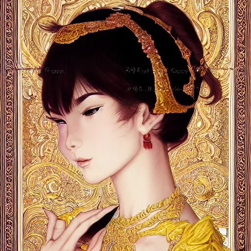 Prompt: beautiful classical ornamental emblem, fashionable ceremonial dancer, focus close on dreaming eyes, soft skin, seventies giallo film by ilya kuvshinov monet range murata artgerm katsuhiro otomo norman rockwell, highly detailed intricately sharp focus, bedroom eyes trending on pinterest vogue italia 3 5 mm, 4 k uhd image