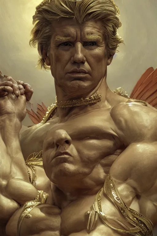 Prompt: President Donald J Trump as a Greek god, detailed face, gorgeous, amazing, muscular, fit, very muscular male body, Caesar victorious, crown ruler, intricate, highly detailed, digital painting, artstation, concept art, sharp focus, illustration, art by greg rutkowski and alphonse mucha