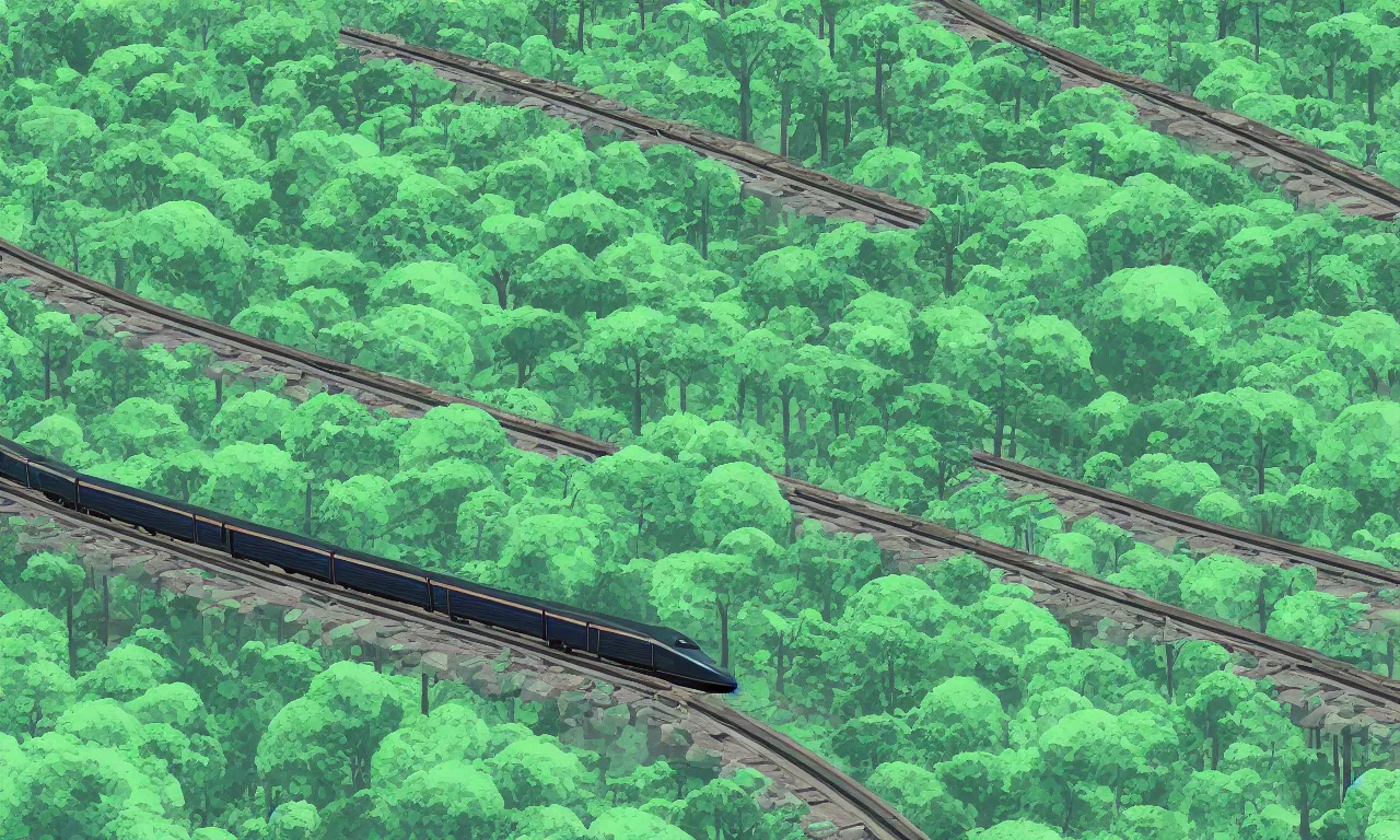 Prompt: deserted bullet train riding forested blobs, digital art, 3d, illustration