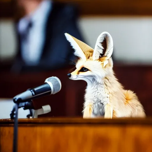 Image similar to a fennec fox testifying in court, photography, highly detailed