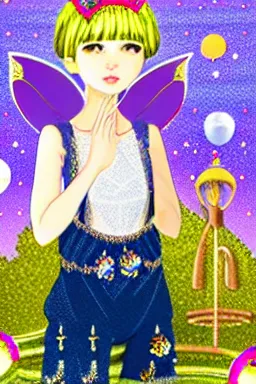 Image similar to Full View fairy maiden with short blond hair wearing an oversized purple Beret, Baggy Purple overall shorts, Short Puffy pants made of silk, silk shoes, a big billowy scarf, Golden Ribbon, and white leggings Covered in stars. covered in embroidery. Short Hair. peasant magic. masterpiece 4k digital illustration by Ruan Jia and Mandy Jurgens and Artgerm and william-adolphe bouguereau, award winning, Artstation, art nouveau aesthetic, Alphonse Mucha background, intricate details, realistic, panoramic view, Hyperdetailed, 8k resolution, intricate art nouveau