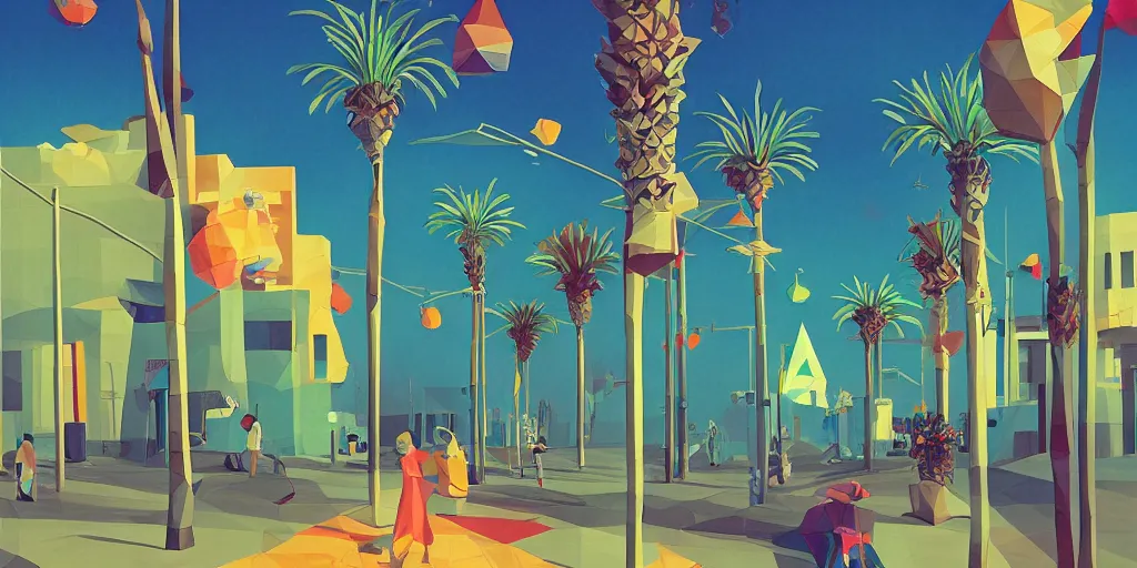 Prompt: low poly, pixar, tel aviv street, bauhaus, palm trees, magic realism, flowerpunk, mysterious vivid colors by andy kehoe and amanda clarke