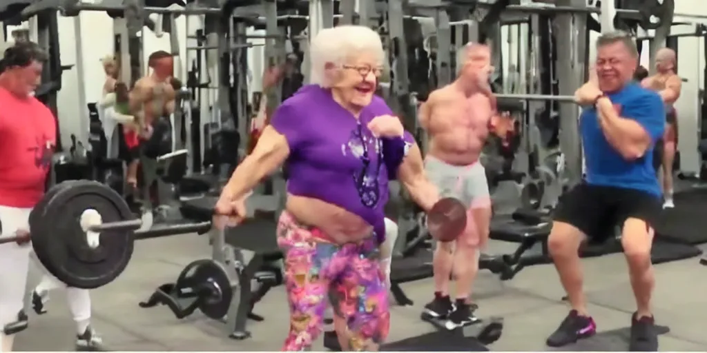 Image similar to YouTube video: My grandma shocks gym bros by outlifting them!