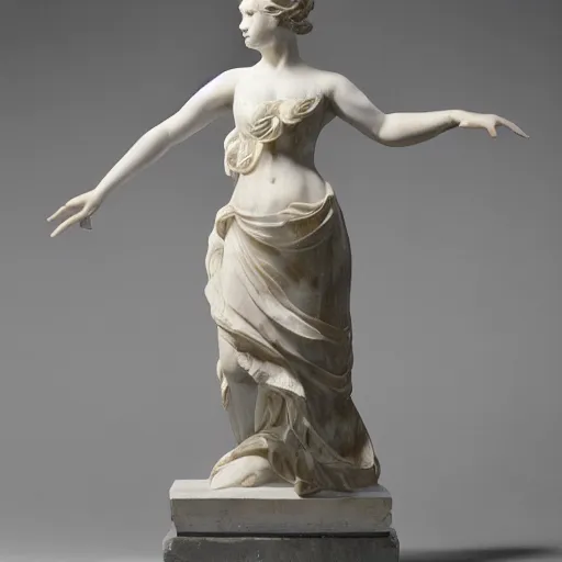 Image similar to a marble statue of a woman dancing, wearing a sweeping dress,